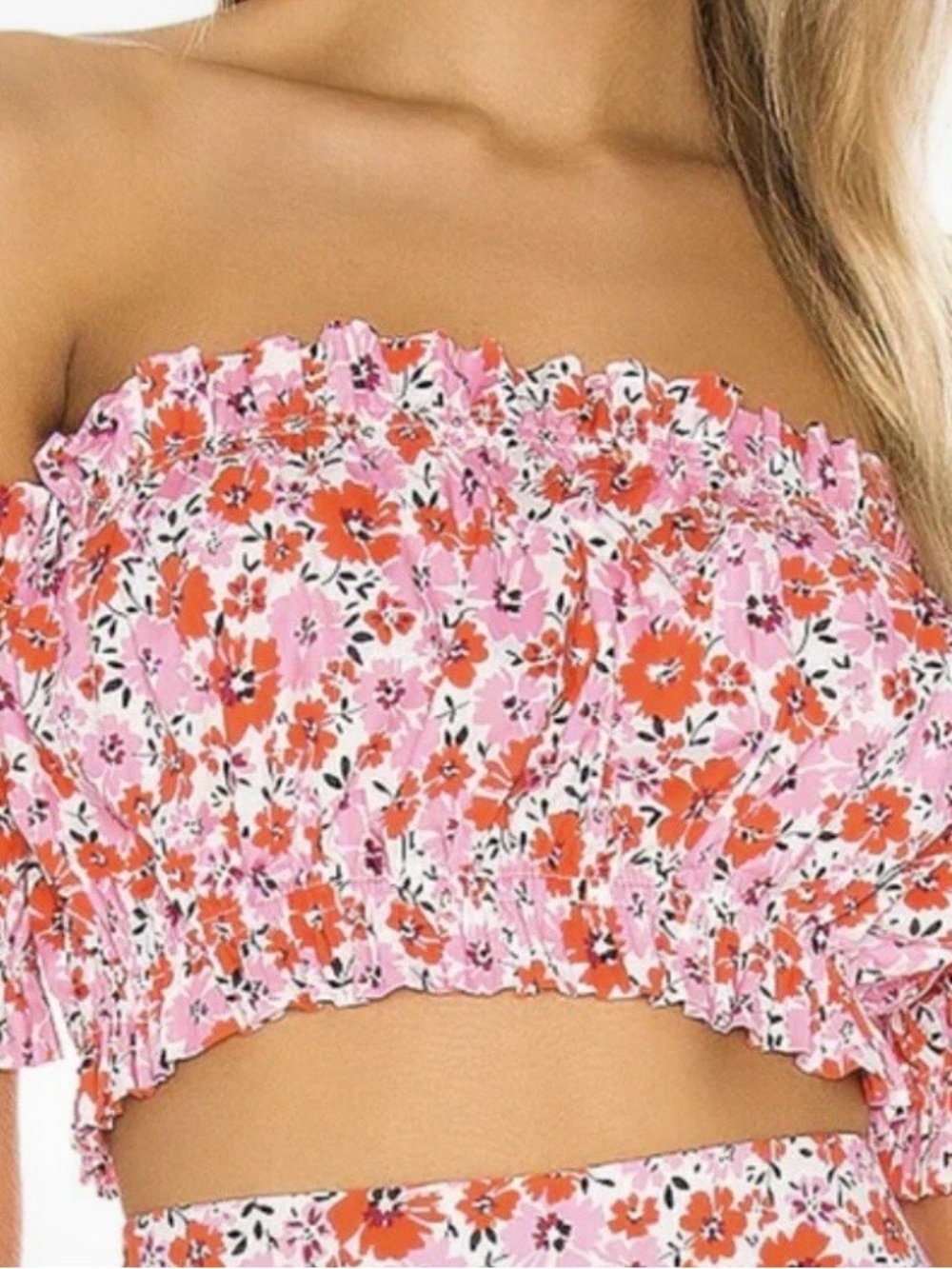 Yumi Kim Cruise Pink Orange Floral Smocked Bandeau Crop Top Med
